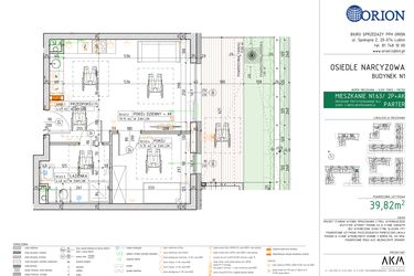 Rzut - Mieszkanie na sprzedaż 2 pokoje o powierzchni 39,82 m² - numer N1.63 w Osiedle Narcyzowe etap 2
