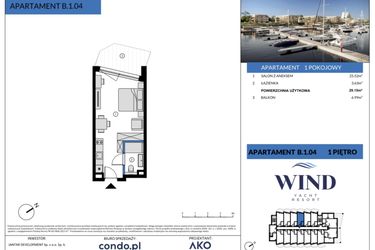Rzut - Mieszkanie na sprzedaż 1 pokój o powierzchni 29,15 m² - numer B.1.04 w Radisson Marina
