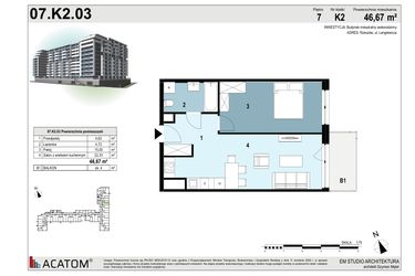 Rzut - Mieszkanie na sprzedaż 2 pokoje o powierzchni 46,67 m² - numer 07.K2.03 w Langiewicza 37