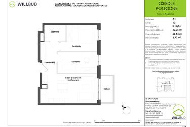 Rzut - Mieszkanie na sprzedaż 3 pokoje o powierzchni 50,84 m² - numer OP/A1/P2/12 w Osiedle Pogodne etap I