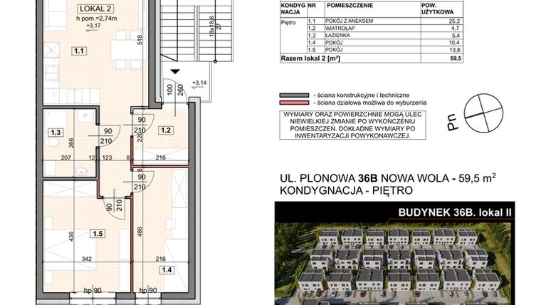 Rzut - Mieszkanie na sprzedaż 3 pokoje o powierzchni 59,5 m² - numer 36B/2 w Zespół willowy Zielona Polana - etap 6