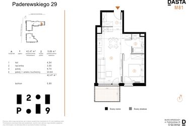 Rzut - Mieszkanie na sprzedaż 2 pokoje o powierzchni 42,47 m² - numer A81 w Paderewskiego 29