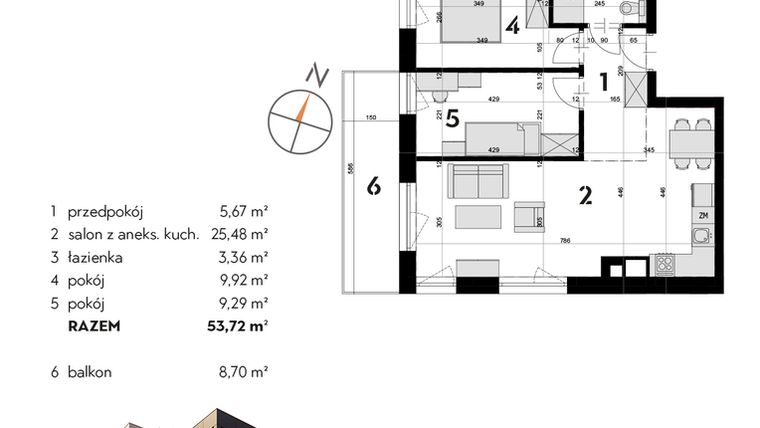 Rzut - Mieszkanie na sprzedaż 3 pokoje o powierzchni 53,72 m² - numer OK-08 w OKI DOKI