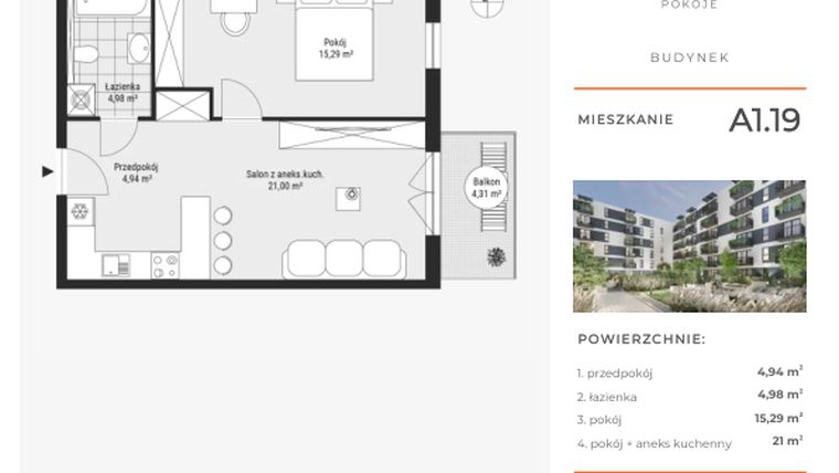 Rzut - Mieszkanie na sprzedaż 2 pokoje o powierzchni 46,96 m² - numer A1.19 w Enklawa Bukowa