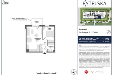 Rzut - Mieszkanie na sprzedaż 2 pokoje o powierzchni 46,8 m² - numer 1.4.05 w Rytelska