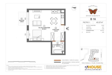 Rzut - Mieszkanie na sprzedaż 1 pokój o powierzchni 40,67 m² - numer B16 w Apartamenty Rusałki