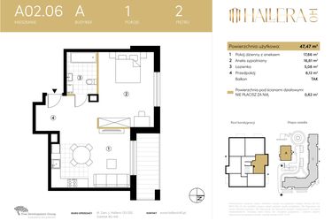 Rzut - Mieszkanie na sprzedaż 1 pokój o powierzchni 47,47 m² - numer A.02.06 w Hallera 140