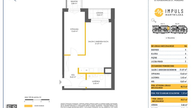 Rzut - Mieszkanie na sprzedaż 2 pokoje o powierzchni 48,75 m² - numer A/46 w Impuls Marywilska