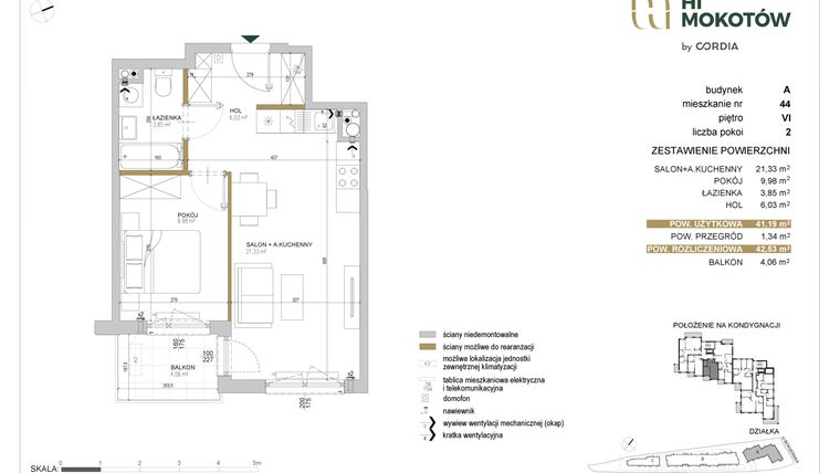 Rzut - Mieszkanie na sprzedaż 2 pokoje o powierzchni 41,15 m² - numer A1.A.44 w Hi Mokotów