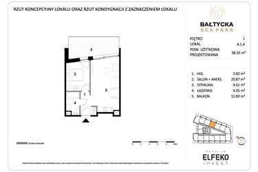 Rzut - Mieszkanie na sprzedaż 2 pokoje o powierzchni 38,35 m² - numer A.1.4 w Bałtycka Sea Park