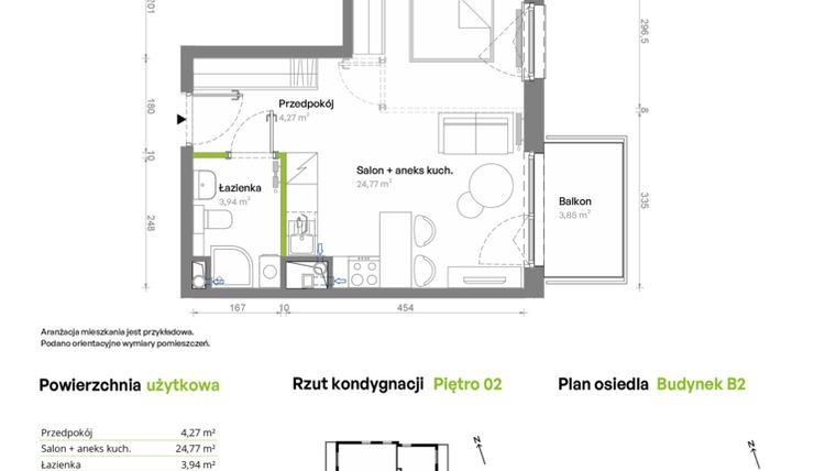 Rzut - Mieszkanie na sprzedaż 1 pokój o powierzchni 32,98 m² - numer B2.02.19 w Południe Vita