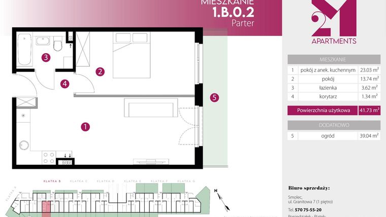 Rzut - Mieszkanie na sprzedaż 2 pokoje o powierzchni 41,73 m² - numer 1.B.0.2 w 2M Apartments etap IV
