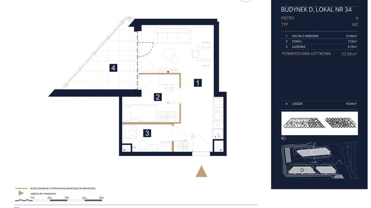 Rzut - Mieszkanie na sprzedaż 1 pokój o powierzchni 33,58 m² - numer D34 w Rezydencja Zegrze etap III