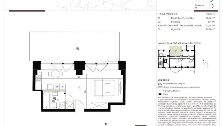 Rzut - Mieszkanie na sprzedaż 1 pokój o powierzchni 30,44 m² - numer D.0.2 w Nowa Stawowa