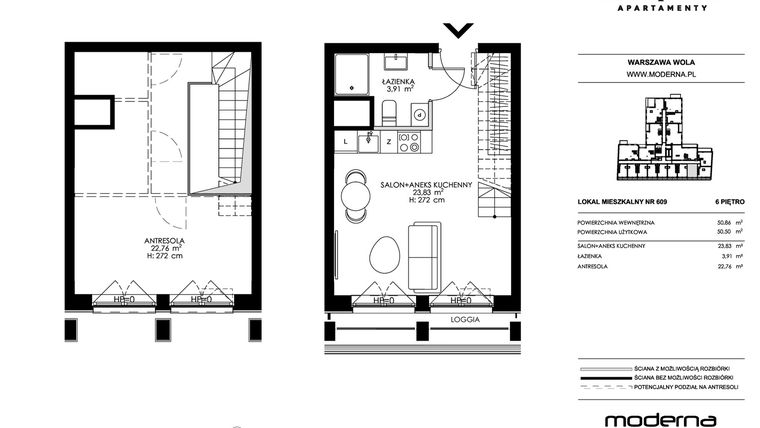 Rzut - Mieszkanie na sprzedaż 2 pokoje o powierzchni 50,5 m² - numer 609 w Chronos