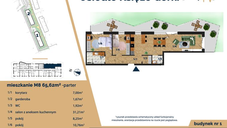 Rzut - Mieszkanie na sprzedaż 3 pokoje o powierzchni 65,62 m² - numer 1.8 w Osiedle Księże Górki IV