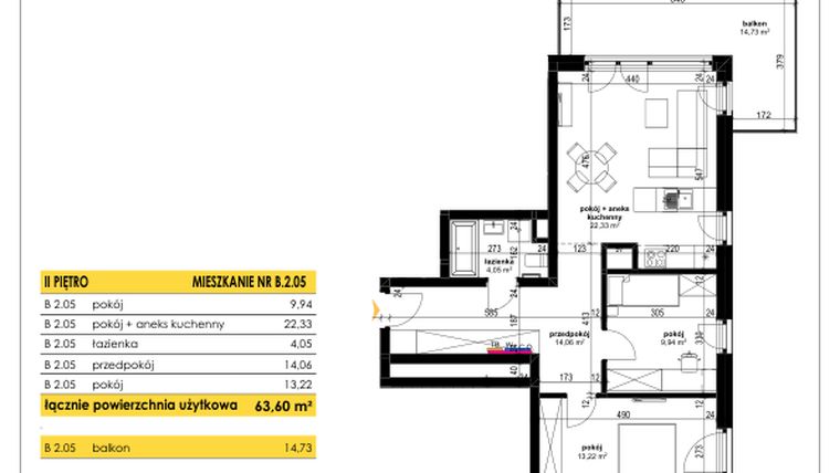 Rzut - Mieszkanie na sprzedaż 3 pokoje o powierzchni 63,6 m² - numer B 2.05 w Park Moniuszki II C