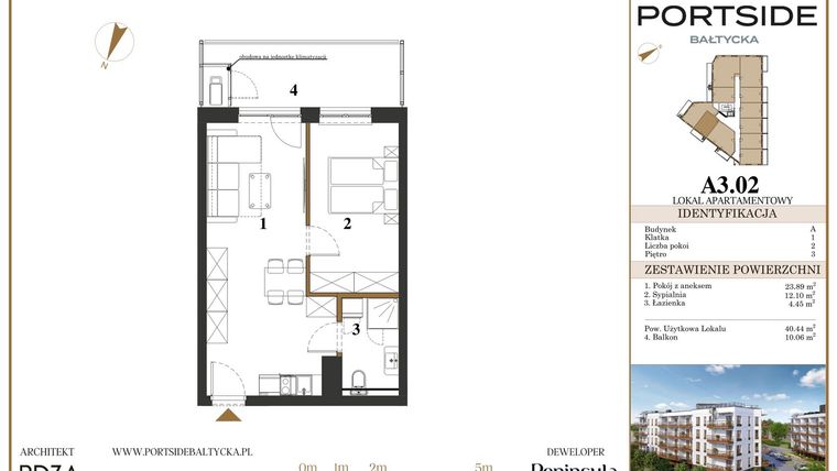 Rzut - Mieszkanie na sprzedaż 2 pokoje o powierzchni 40,44 m² - numer A3.02 w Portside Bałtycka