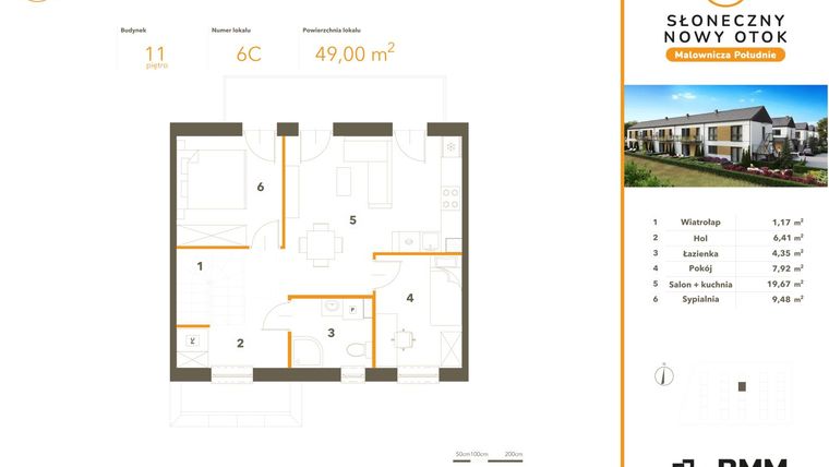 Rzut - Mieszkanie na sprzedaż 3 pokoje o powierzchni 49 m² - numer 6C w Słoneczny Nowy Otok - Malownicza Południe etap III