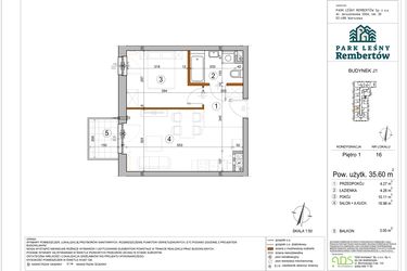 Rzut - Mieszkanie na sprzedaż 2 pokoje o powierzchni 35,6 m² - numer J1-16 w Park Leśny Rembertów etap VIII
