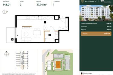 Rzut - Mieszkanie na sprzedaż 1 pokój o powierzchni 37,94 m² - numer 2.M2.01 w Wierzbowa 20