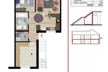 Rzut - Mieszkanie na sprzedaż 3 pokoje o powierzchni 69,79 m² - numer D1B-IV w Osiedle Przyjazne Quart - etap IV