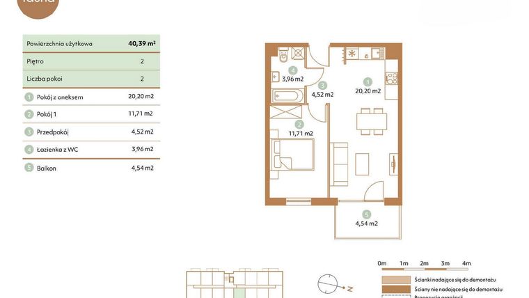 Rzut - Mieszkanie na sprzedaż 2 pokoje o powierzchni 40,39 m² - numer D38-2 w Fauna