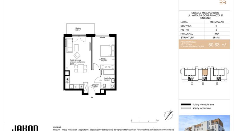 Rzut - Mieszkanie na sprzedaż 2 pokoje o powierzchni 50,63 m² - numer 1.B24 w Gombrowicza 33