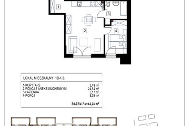 Rzut - Mieszkanie na sprzedaż 2 pokoje o powierzchni 44,08 m² - numer 1B-1.3 w Gardenia Pogodno