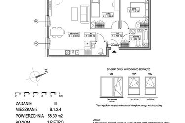 Rzut - Mieszkanie na sprzedaż 3 pokoje o powierzchni 68,31 m² - numer B.1.2.4 w Atut III