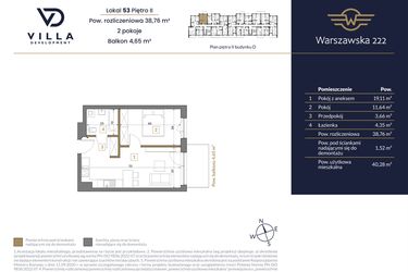 Rzut - Mieszkanie na sprzedaż 2 pokoje o powierzchni 38,76 m² - numer 53 w Warszawska 222 bud. D