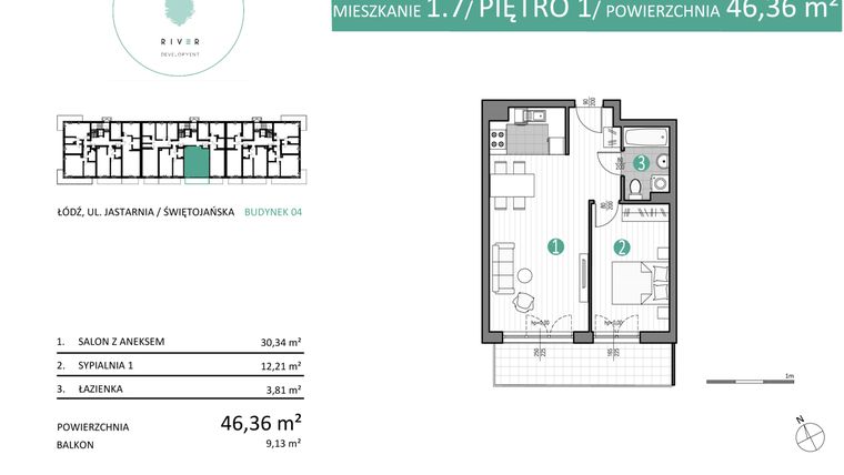 Rzut - Mieszkanie na sprzedaż 2 pokoje o powierzchni 46,36 m² - numer 04.1.7 w Port Jastarnia bud. 01, 04