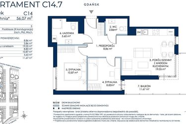 Rzut - Mieszkanie na sprzedaż 3 pokoje o powierzchni 55,56 m² - numer C14.7 w Sol Marina etap III
