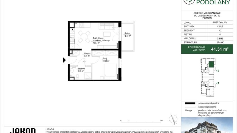 Rzut - Mieszkanie na sprzedaż 2 pokoje o powierzchni 41,31 m² - numer C.B46 w Sielskie Podolany II