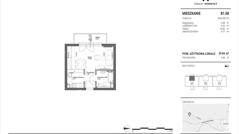 Rzut - Mieszkanie na sprzedaż 1 pokój o powierzchni 29,04 m² - numer B1.08 w Tarasy Wierzycy