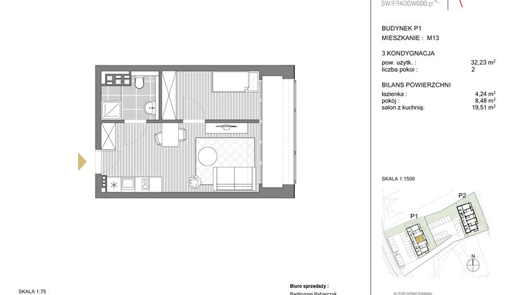 Rzut - Mieszkanie na sprzedaż 2 pokoje o powierzchni 32,82 m² - numer P1 M13 w Swieradow600
