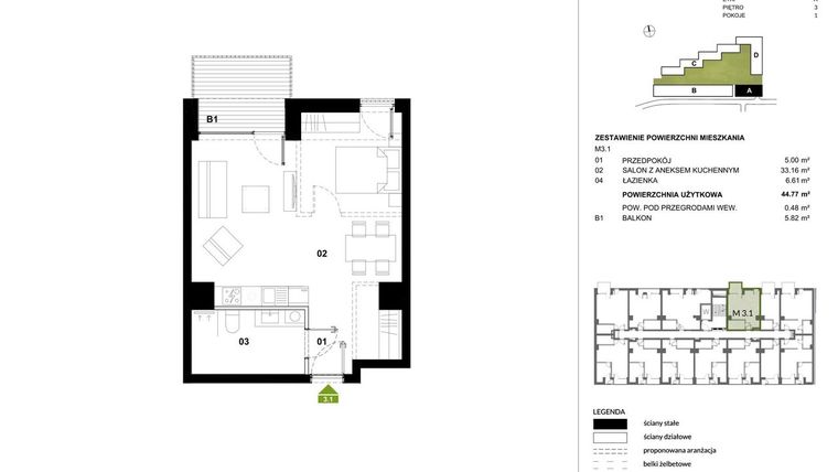 Rzut - Mieszkanie na sprzedaż 1 pokój o powierzchni 45,25 m² - numer A.3.1 w Kozielska Park