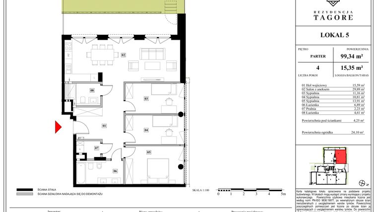Rzut - Mieszkanie na sprzedaż 4 pokoje o powierzchni 99,34 m² - numer A.0.5 w Rezydencja Tagore