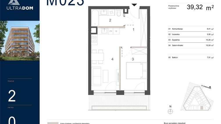 Rzut - Mieszkanie na sprzedaż 2 pokoje o powierzchni 39,32 m² - numer M023 w Ultradom