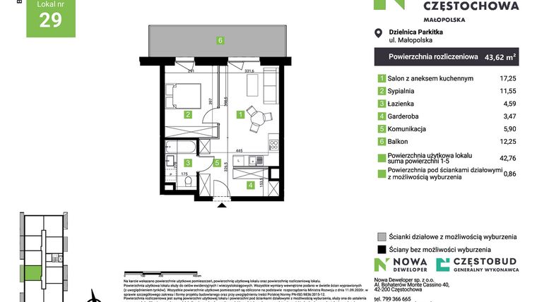 Rzut - Mieszkanie na sprzedaż 2 pokoje o powierzchni 43,62 m² - numer D29 w Nowa Częstochowa Małopolska etap II