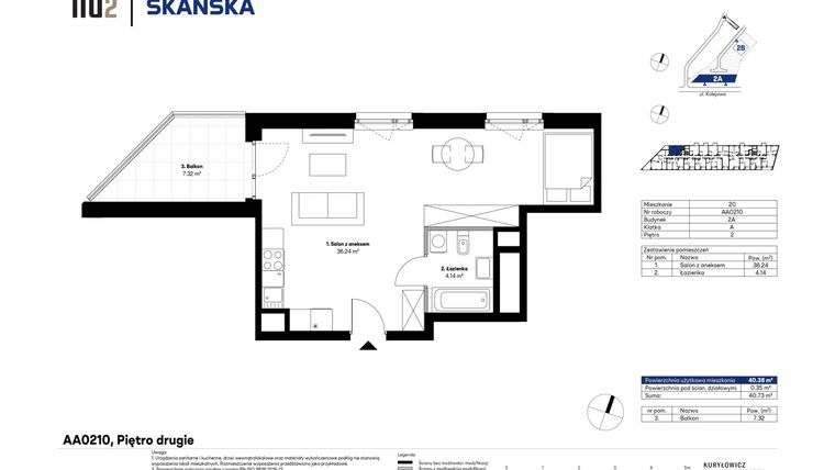 Rzut - Mieszkanie na sprzedaż 1 pokój o powierzchni 40,38 m² - numer AA0210 w NU2 Warszawa Wola - apartamenty wykończone pod klucz