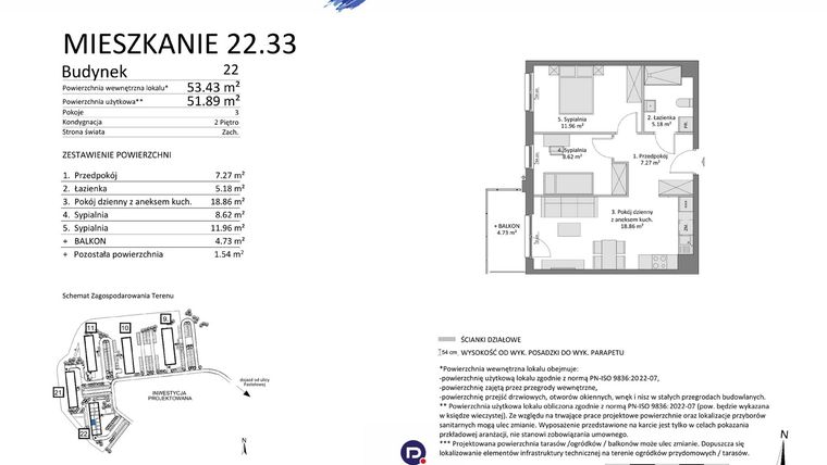 Rzut - Mieszkanie na sprzedaż 3 pokoje o powierzchni 51,89 m² - numer 22.33 w Osiedle Pastelowe etap IV