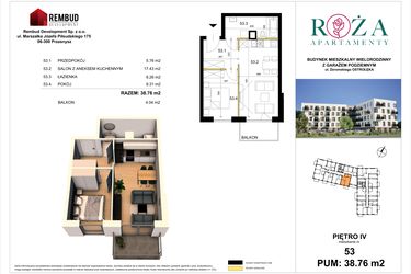 Rzut - Mieszkanie na sprzedaż 2 pokoje o powierzchni 38,76 m² - numer M  53 w Apartamenty Róża