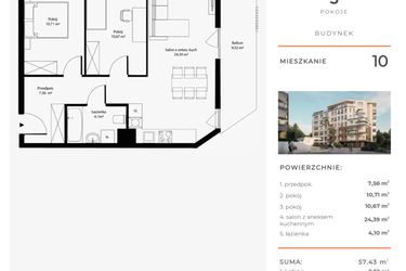 Rzut - Mieszkanie na sprzedaż 3 pokoje o powierzchni 57,43 m² - numer 10 w Bytkowska 4.0