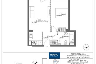 Rzut - Mieszkanie na sprzedaż 2 pokoje o powierzchni 42,95 m² - numer RM/1A/B/4/8 w Rytm Mokotowa - etap 1A