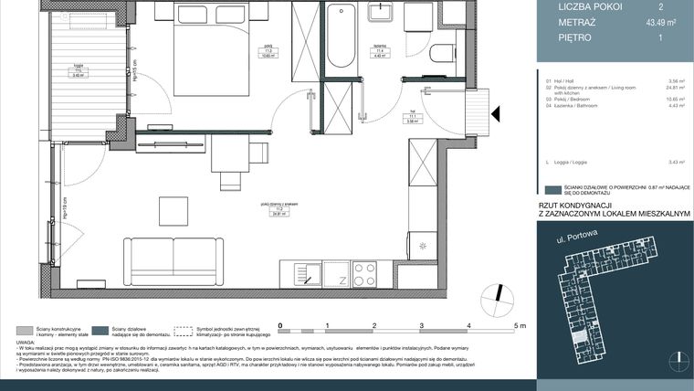 Rzut - Mieszkanie na sprzedaż 2 pokoje o powierzchni 43,49 m² - numer 11 w Portowa Zabłocie
