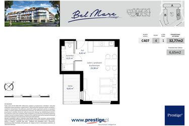 Rzut - Mieszkanie na sprzedaż 1 pokój o powierzchni 32,77 m² - numer C407 w Bel Mare (Międzyzdroje)
