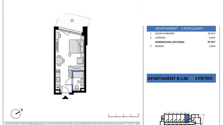 Rzut - Mieszkanie na sprzedaż 1 pokój o powierzchni 29,18 m² - numer B.106 w Wind Yacht