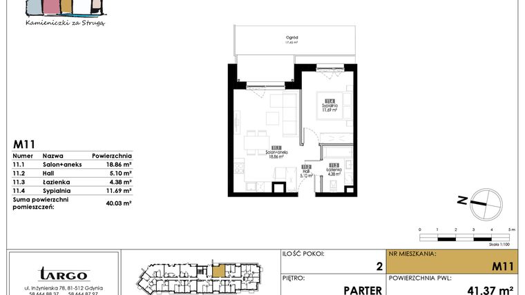 Rzut - Mieszkanie na sprzedaż 2 pokoje o powierzchni 40,03 m² - numer M11 w Kamieniczki za Strugą