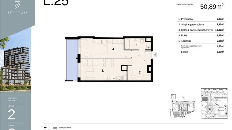 Rzut - Mieszkanie na sprzedaż 2 pokoje o powierzchni 52,28 m² - numer L25 w Sky Trust etap II - apartamenty inwestycyjne 23% VAT PRS